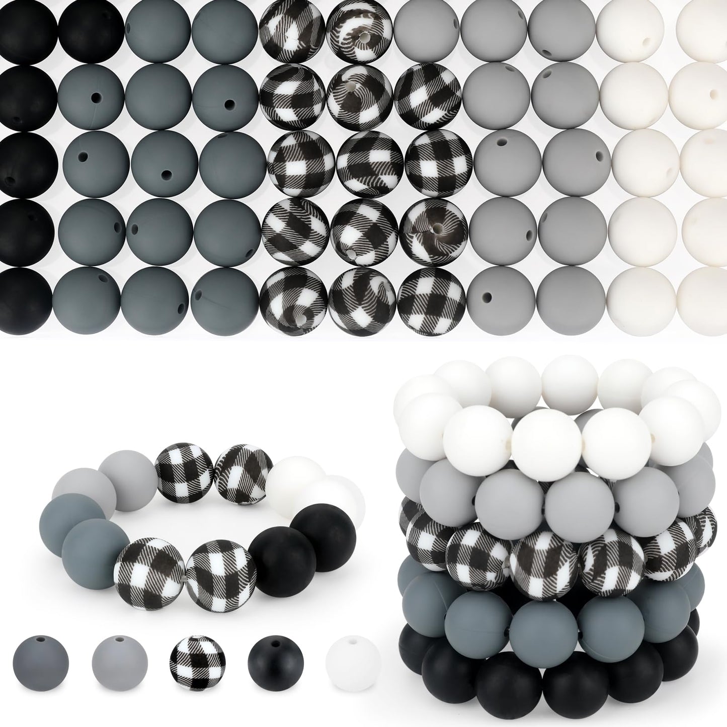 SALUOKE 100 Pcs 15mm Silicone Beads for Keychain Making, Pink Gream Silicone Beads Bulk Round for Bracelets Pens Crafts Jewelry Making (Black White)