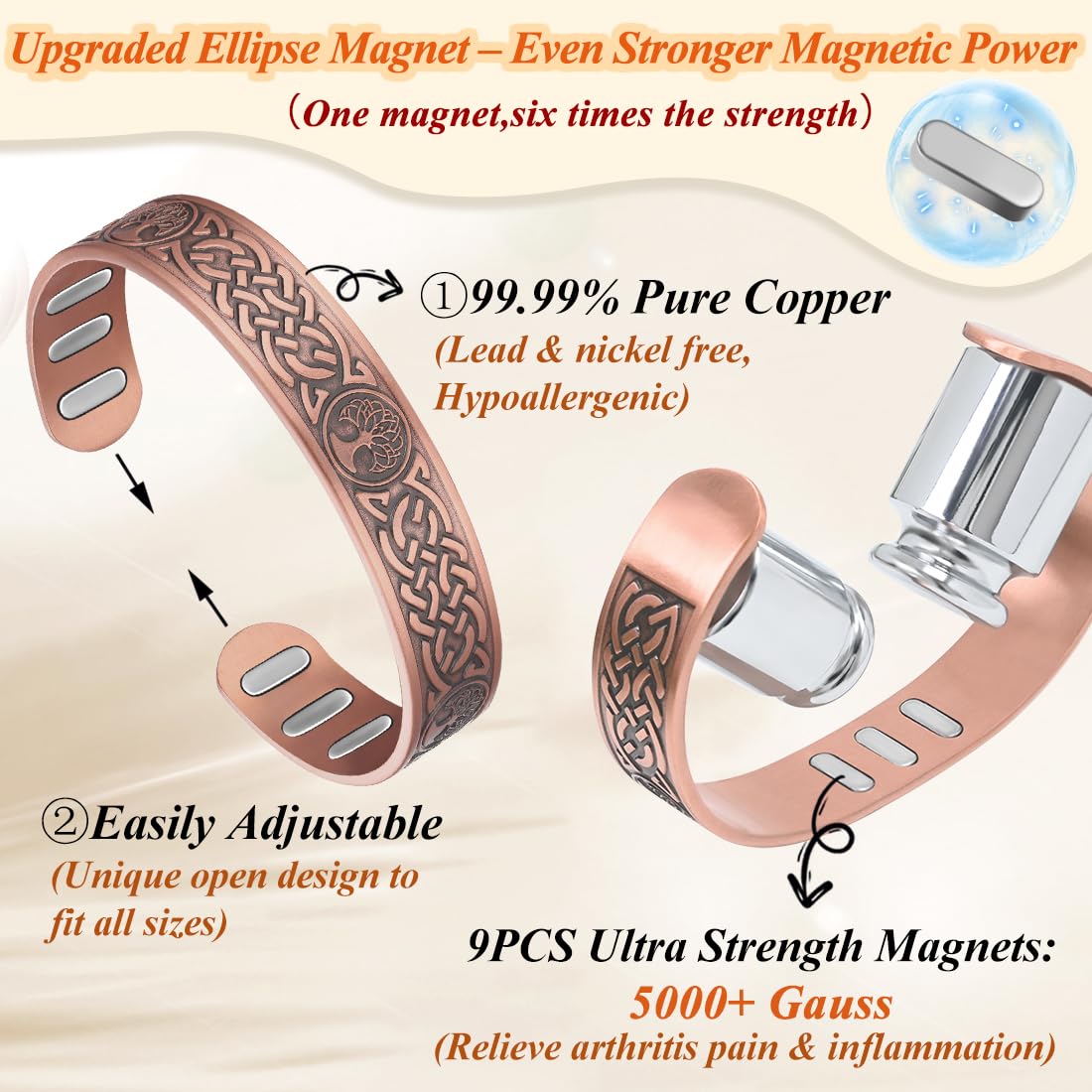 Cigmag Copper Magnetic Bracelet for Men, with Powerful 9X 5000 Gauss Magnets, Adjustable Solid Pure Copper (Lotus Life Tree)