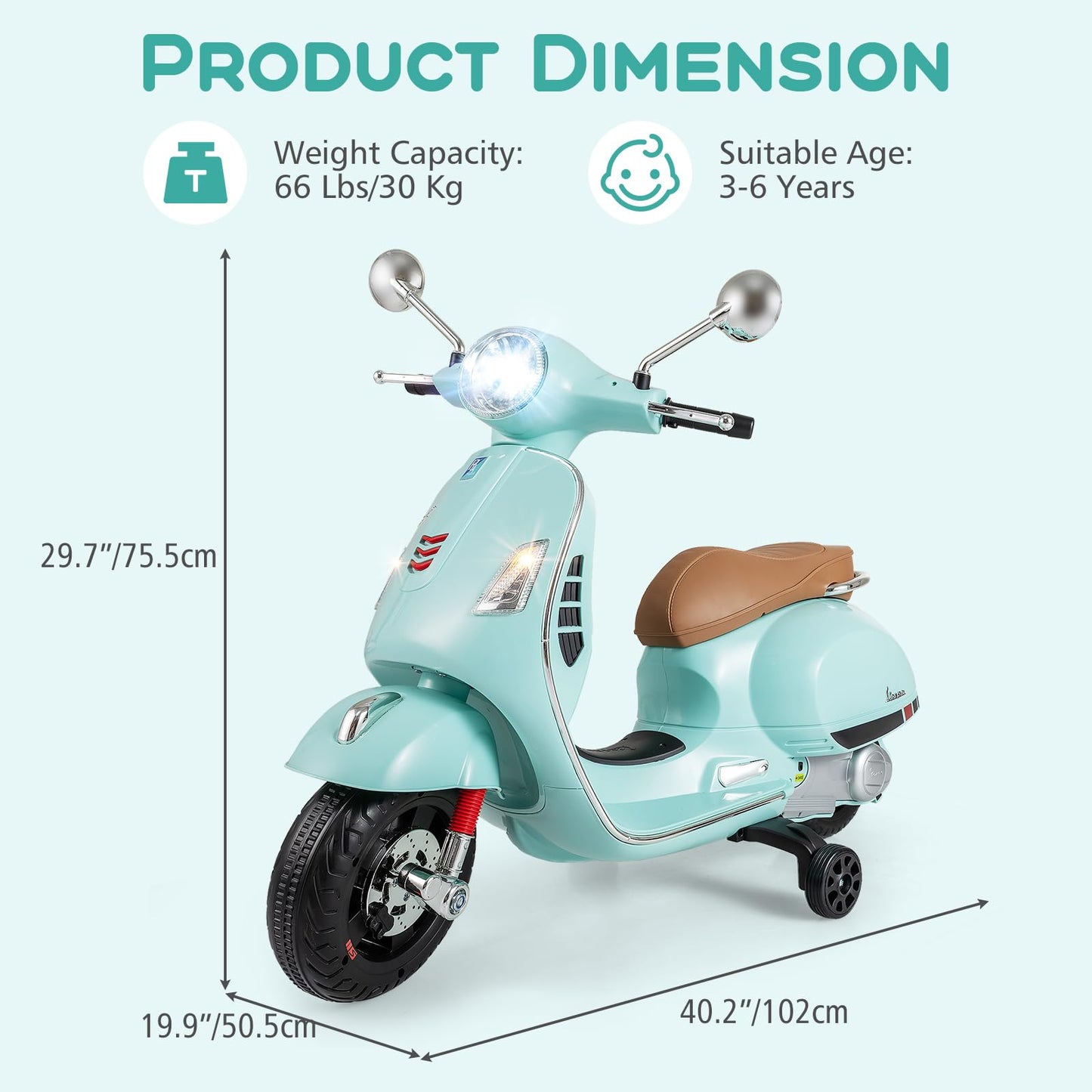 Licensed Vespa 12V Kids Motorcycle by INFANS with Training Wheels, Music, Story, Horn, Lights for 3-6 Years (Green)