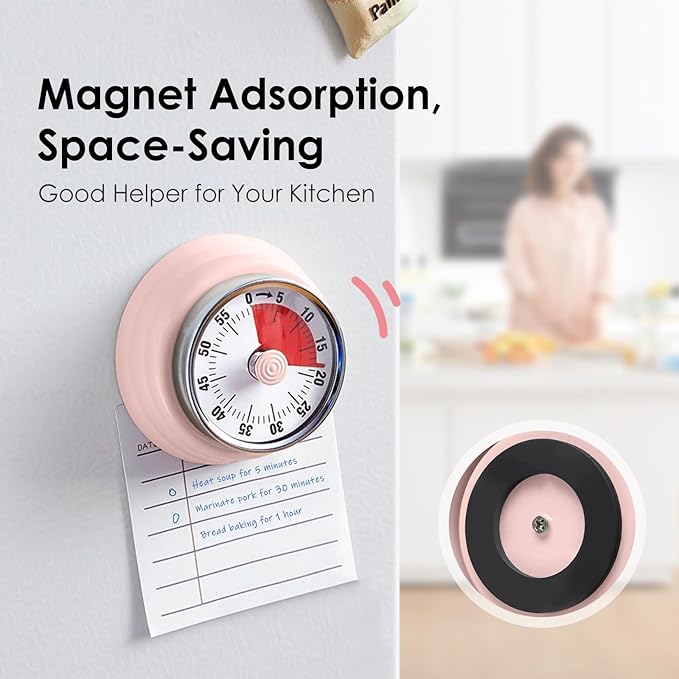 Visual Timer, Teeloray 60-Minute Countdown Timer, Kitchen Timer with Magnetic Base, Mechanical Clockwork, Ringer Alert, Time Management Tool for Children and Adults, Study/Work/Cooking (Pink)