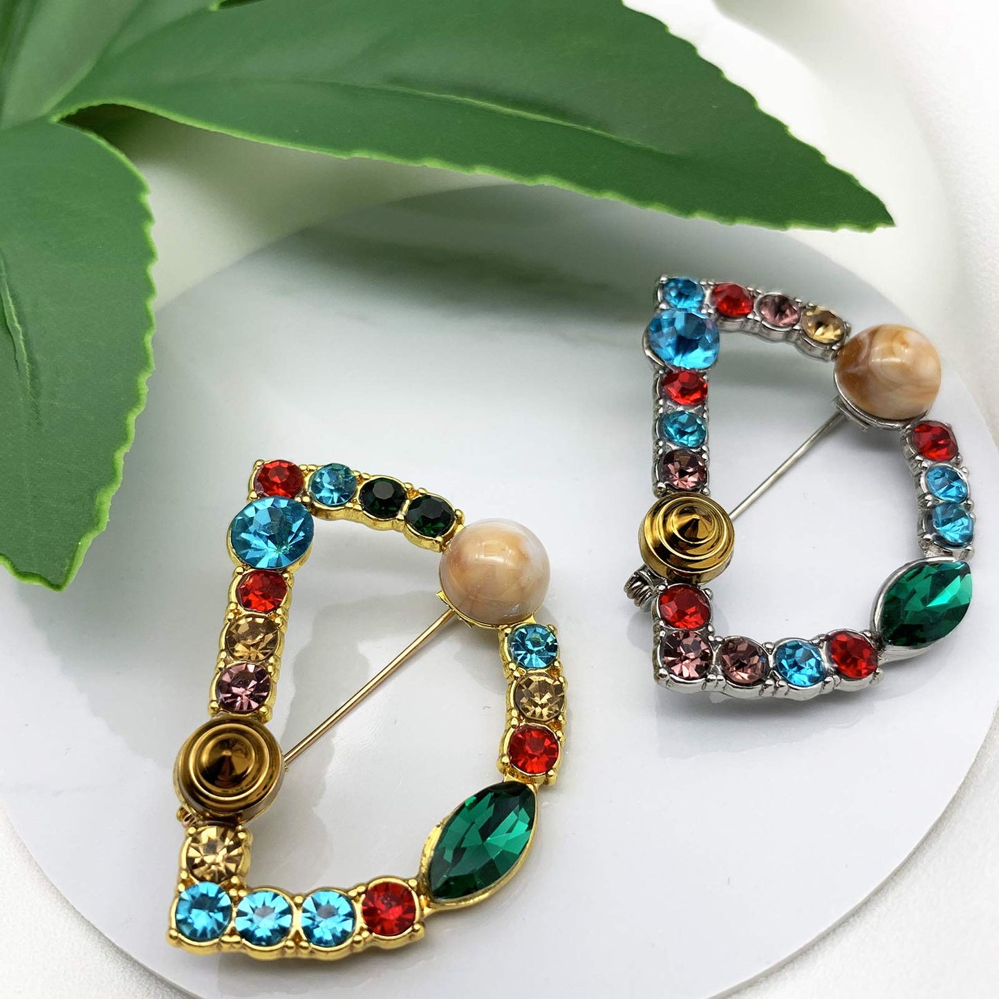 XGALBLA Letters D Plated Metal Stone Clear Colorful Crystal Lapel Pin Brooches Collar(Gold Tone)