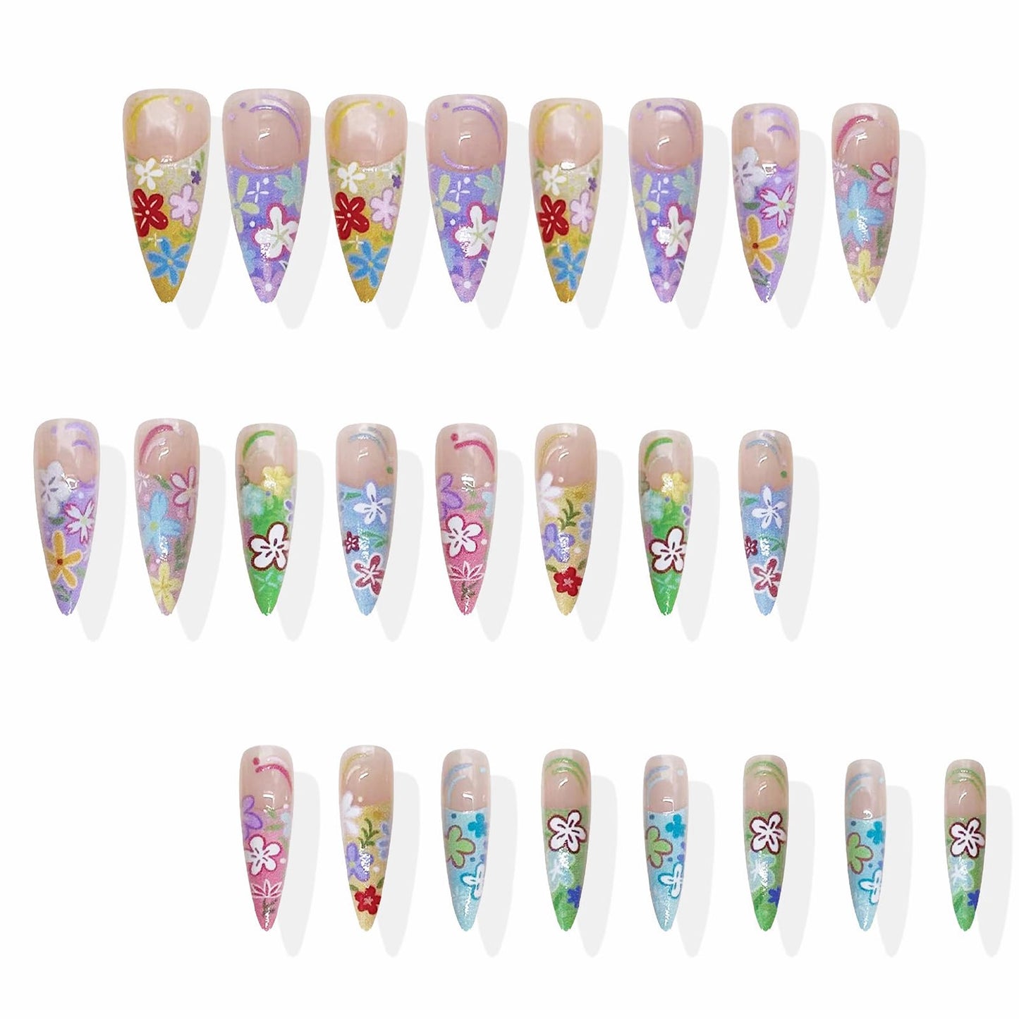 MISUD Press on Nails - Long Stiletto Fake Nails with Colorful French Tip, Acrylic Spring Summer Flower Design 24 pcs