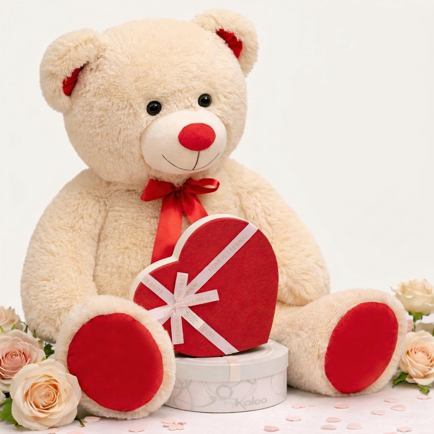 WENMOTDY Huge Teddy Bear Stuffed Animal Giant Teddy Bear Plush with Red Ribbon Bow Day Plush Toy Gift for Girlfriend and Kids 36 inch Beige