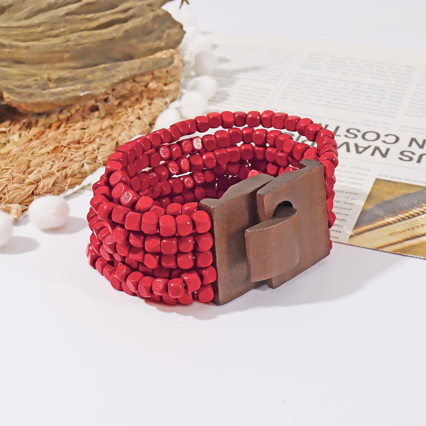 Coiris Boho Bangle Bracelets for Women Wooden Beaded Bracelets Chunky Bohemian Beach Bracelets Jewelry for Women(BR1235-Red)