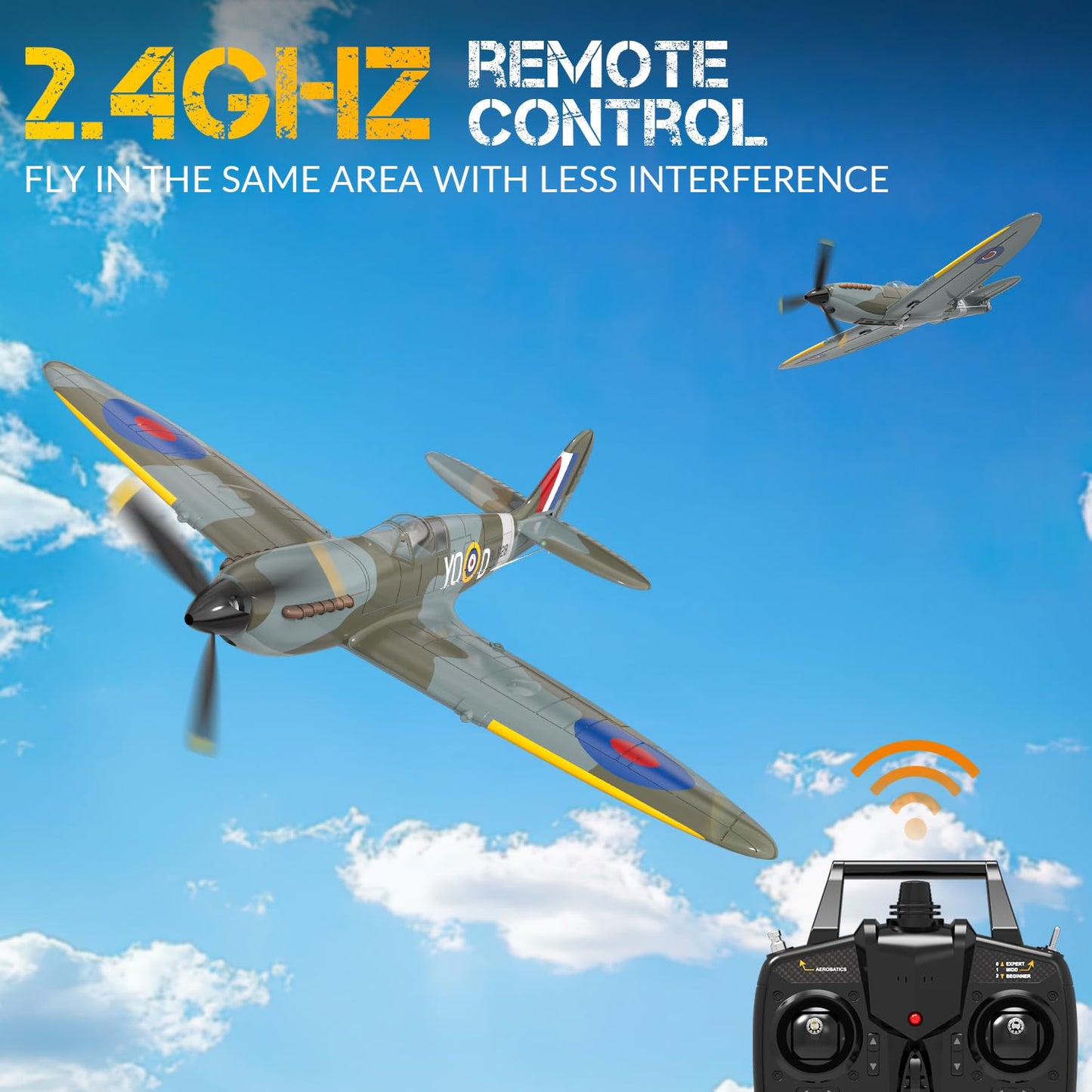 volantexrc RC Plane, 4 Channel Remote Control Airplane Fighter Spitfire RTF with Aileron, Gyro, Aerobatics & 3 Modes Easy to Fly, Hobby Radio Controlled Aircraft for Beginners & Adults (Blue)