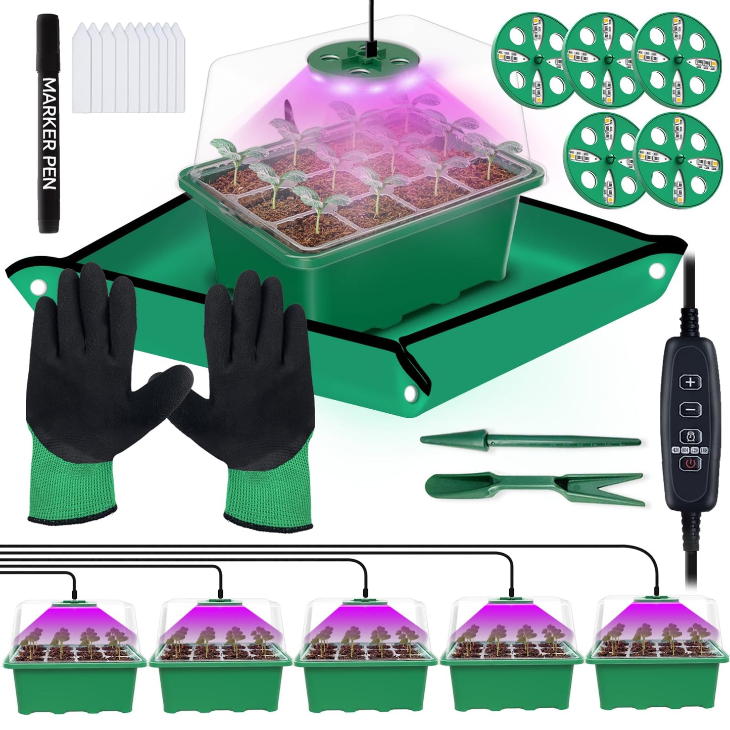 Framokoko 5 Packs Seed Starter Tray with LED Light, Upgraded 60 Cells Seed Starter Kit, Adjustable Brightness & Timing & Vents, Professional Seed Germination Kit for Indoor & Outdoor Plant Growing