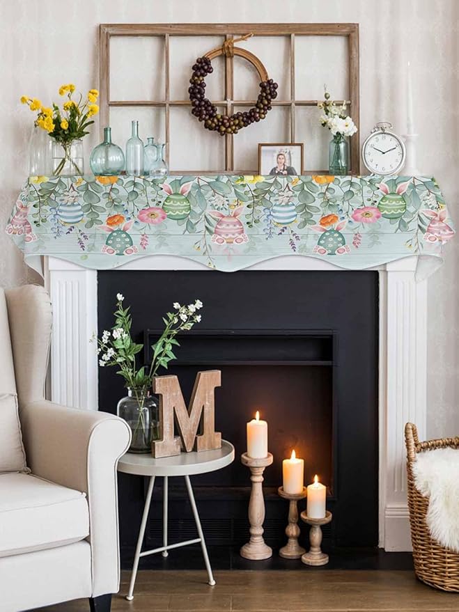 Easter Fireplace Mantel Scarf Table Runner, Spring Eggs Eucalyptus Branch Floral Wooden Winter Garland Mantel Top Tablerunners Dresser Scarves Cover Decorations for Windows Party Living Room 90''x17''