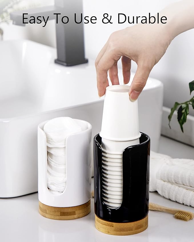 5oz Ceramic Bathroom Cup Dispenser (2nd Generation) Dixie Holder-Disposable Paper Holder for Rinsing Cups on Vanity Countertops (2 Pack, Black) (V15007)