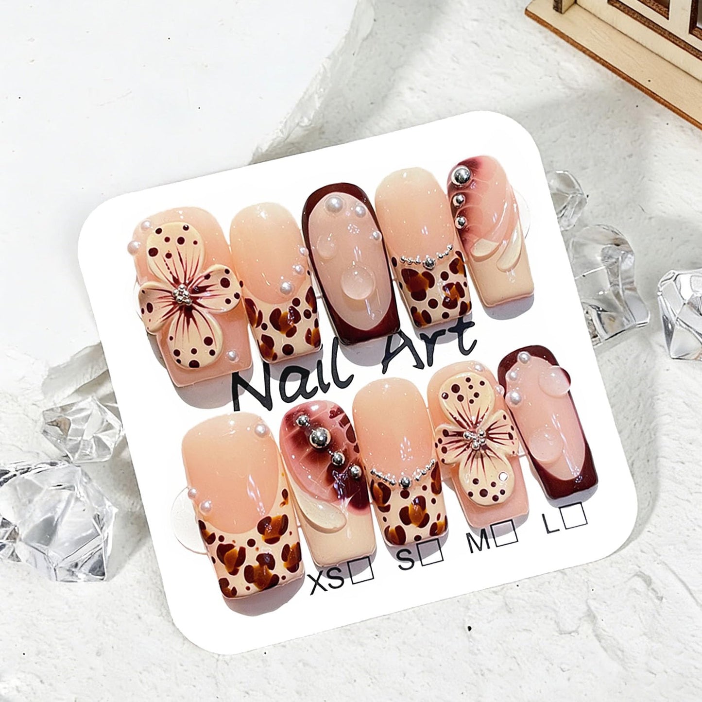 10 Pcs Handmade Press on Nails Medium Square Fake Nails with Brown Leopard Print French Tip Design 3D Flower False Nails Acrylic Nude Press Ons Nails Square M Size for Women Fall Manicure