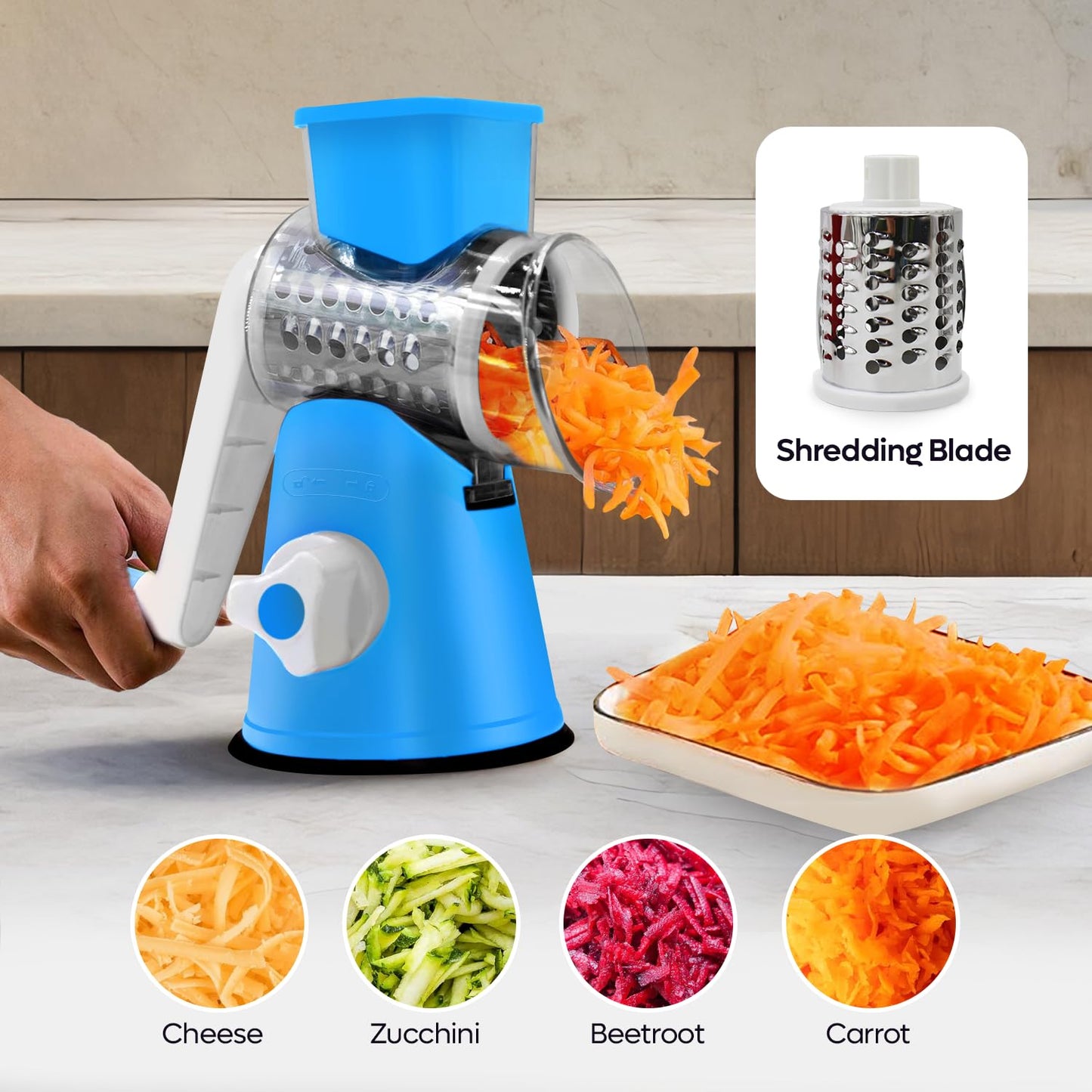Windbyrd Rotary Cheese Grater 3-in-1 – Hand-Crank Vegetable Slicer with Strong Suction Base, Stainless Steel Drum for Cheese, Nuts & Vegetables – Fast & Safe