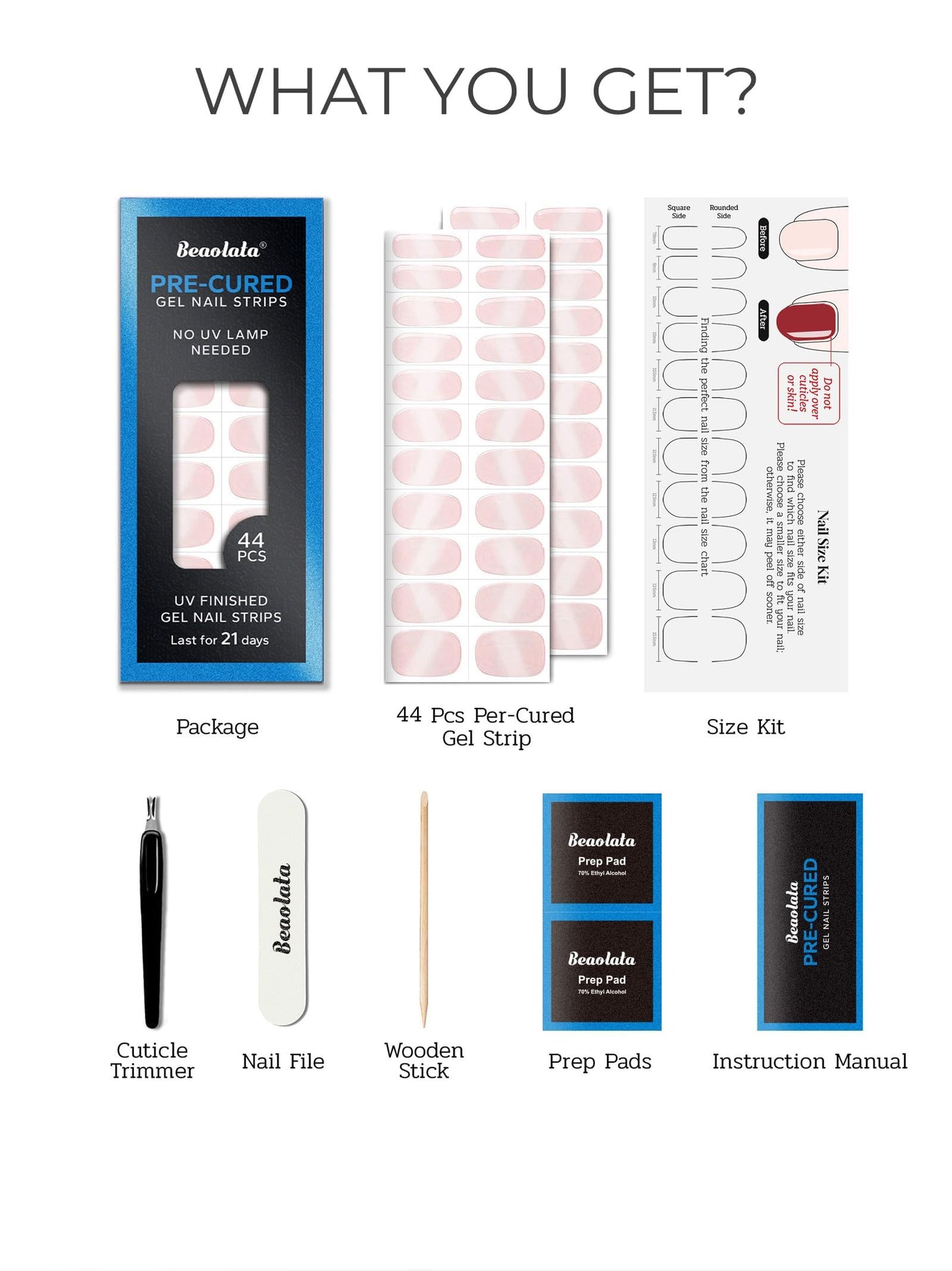 Beaolata Real Gel Nail Strips (No UV Light Needed) - 44Pcs Salon Quality Nail Stickers - Long Lasting Polish Wraps for Women, Easy Apply & Remove (Chic Pink）