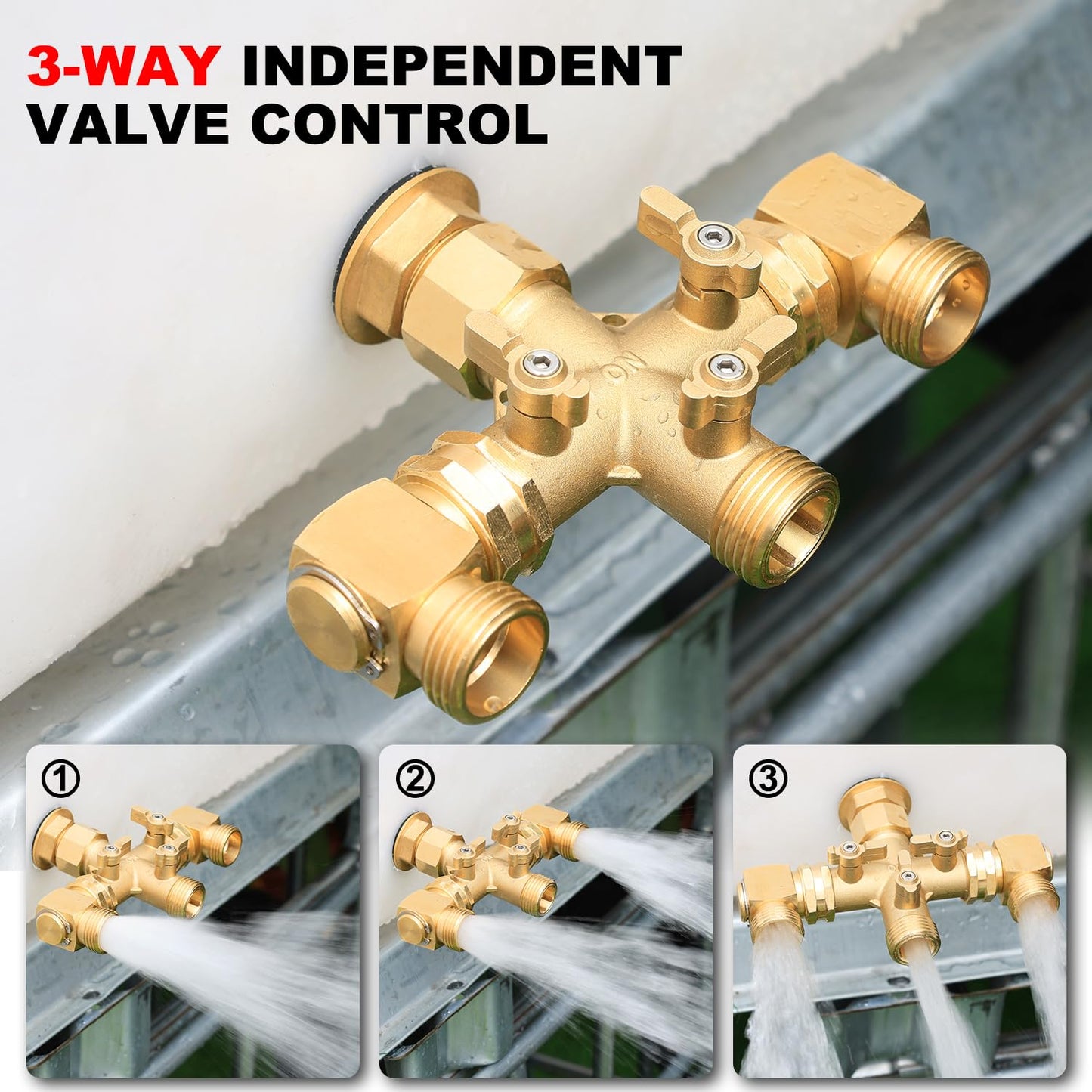 YELUN Garden Hose Splitter High Flow Splitter with Swivel elbow Connect Brass Hose Splitter with Shut Off Valves 3 way Hose Bib Adapter (with Swivel elbow)