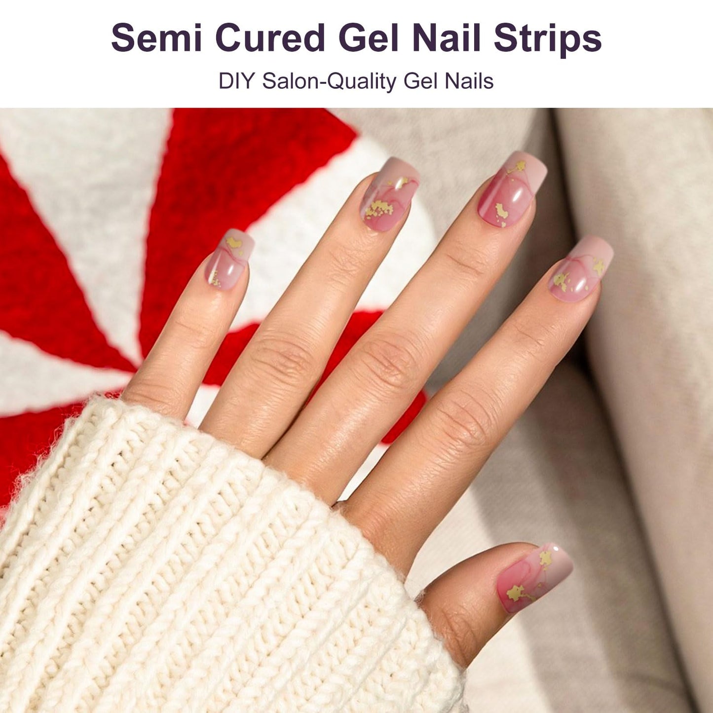 DUKASOU Semi Cured Gel Nail Strips Set, 56Pcs Nail Art Stickers/Wraps, Long Lasting UV Nail Polish Strips for Adults(Gold Peach Red+Gradient Pink)