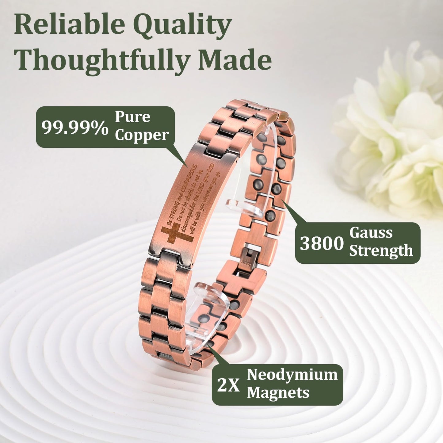 Fashtour Copper Magnetic Cross Bracelet for Men - Ultra Strength Magnetic Mens Cross - With Size Adjustment Tool (Joshua 1:9)