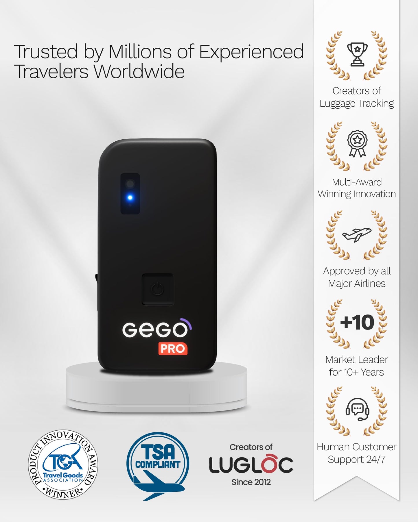 GEGO PRO – GPS Luggage Tracker Designed for Travel, Real-Time Global Tracking for Bags & Gear, Bag-Opening Alert, Worldwide Coverage, 4G LTE Connectivity, Unlimited Range. Subscription Required.