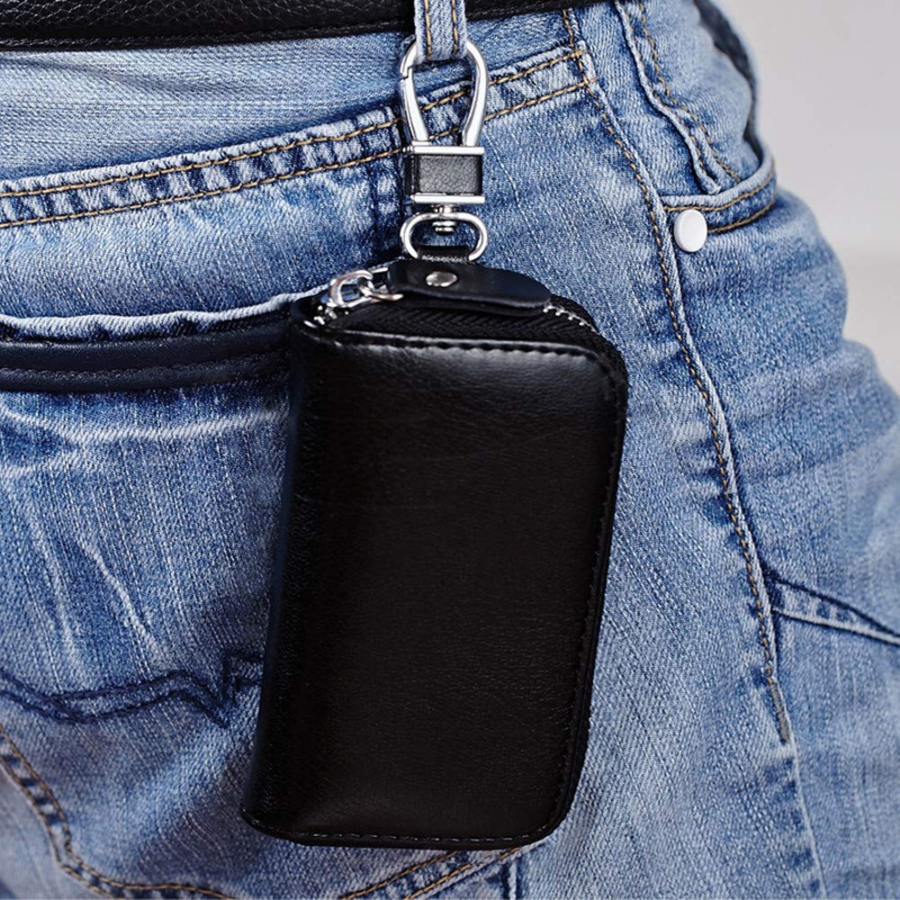 Funny Live Genuine Leather Key Holder Bag with 4 Card Slot & 6 Hooks & 1 Access Card, Key Case for Men & Women (Black Plus)