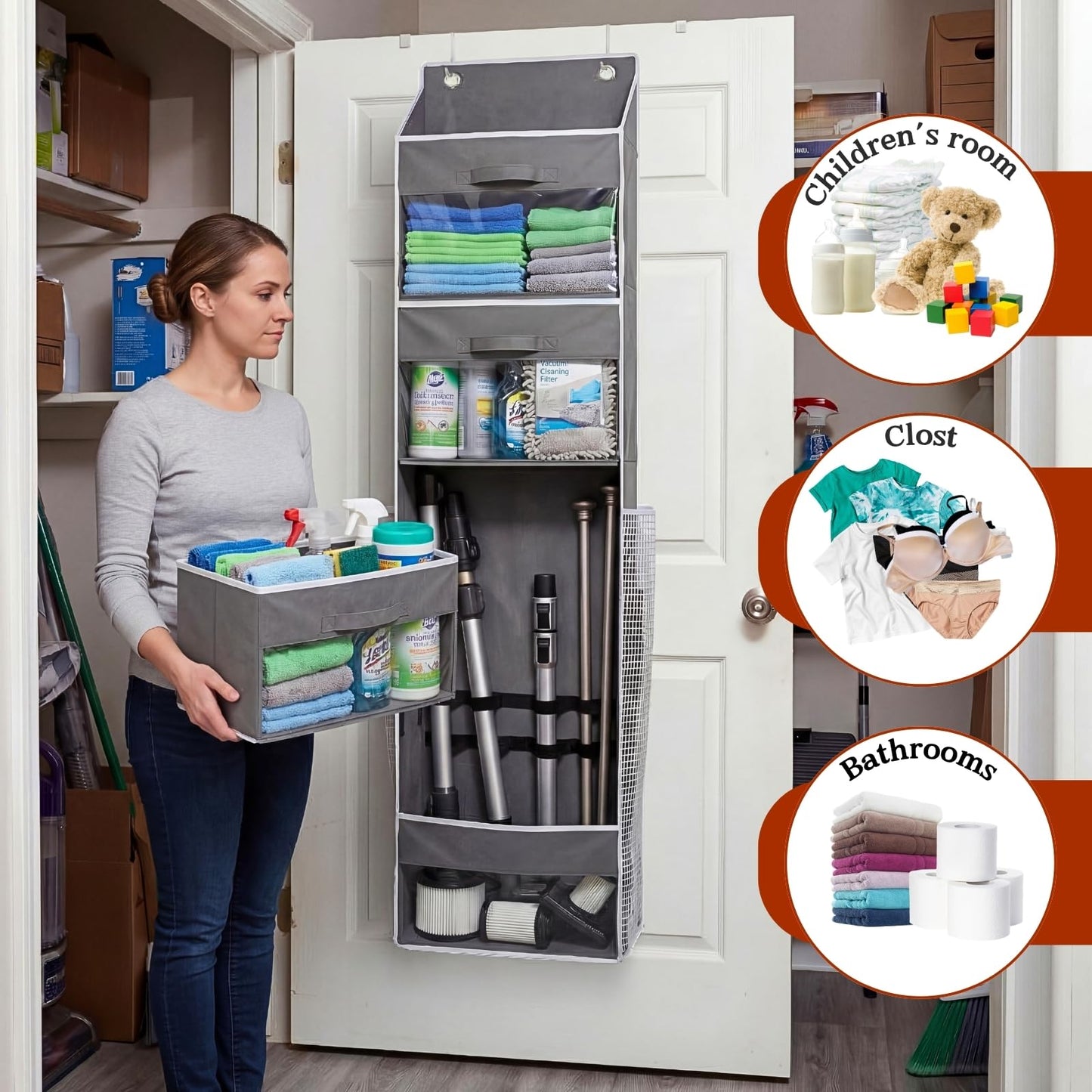 Over Door Wrapping Paper Organizer Storage with 3 Removable Drawers & Side Pockets – Dual Use Design with Elastic Straps – Christmas Gift Wrap Storage for Ribbons, Bows, Ornament and Other Tools 1Pack
