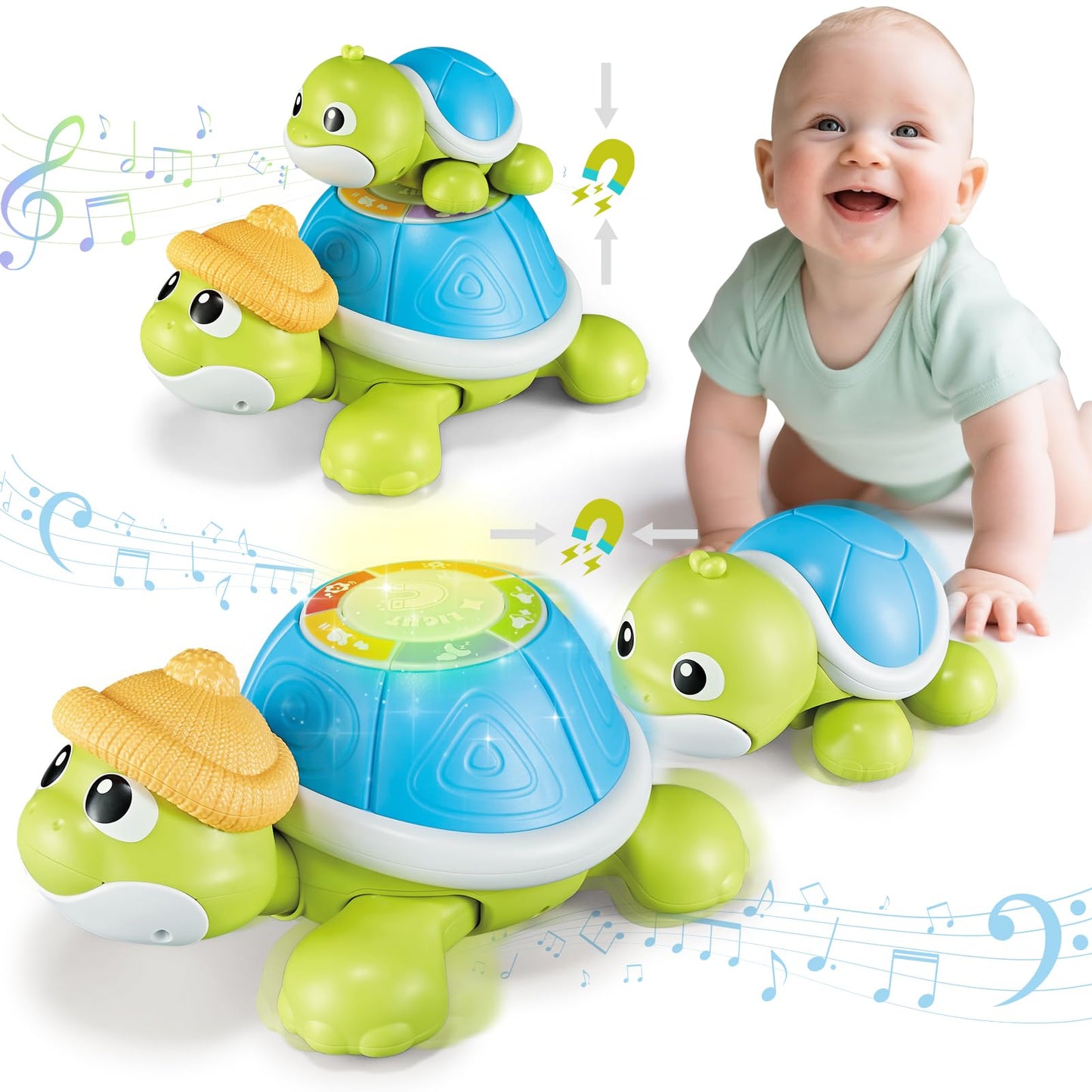 CuteZone Baby Toys 6-12 Months - Turtle Crawling & Musical Tummy Time Toy Set with Light & Sound, Moving Baby Activity for Crawling and Tummy Time, Interactive Gift for Babies