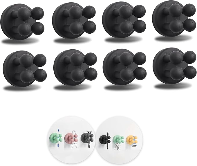 8Pcs Silicone Toothbrush Holders for Bathrooms,Waterproof Self Adhesive Multifunctional Hook for Hanging Towel Key Plug Cable for Bathroom Kitchen Living Room Office Black