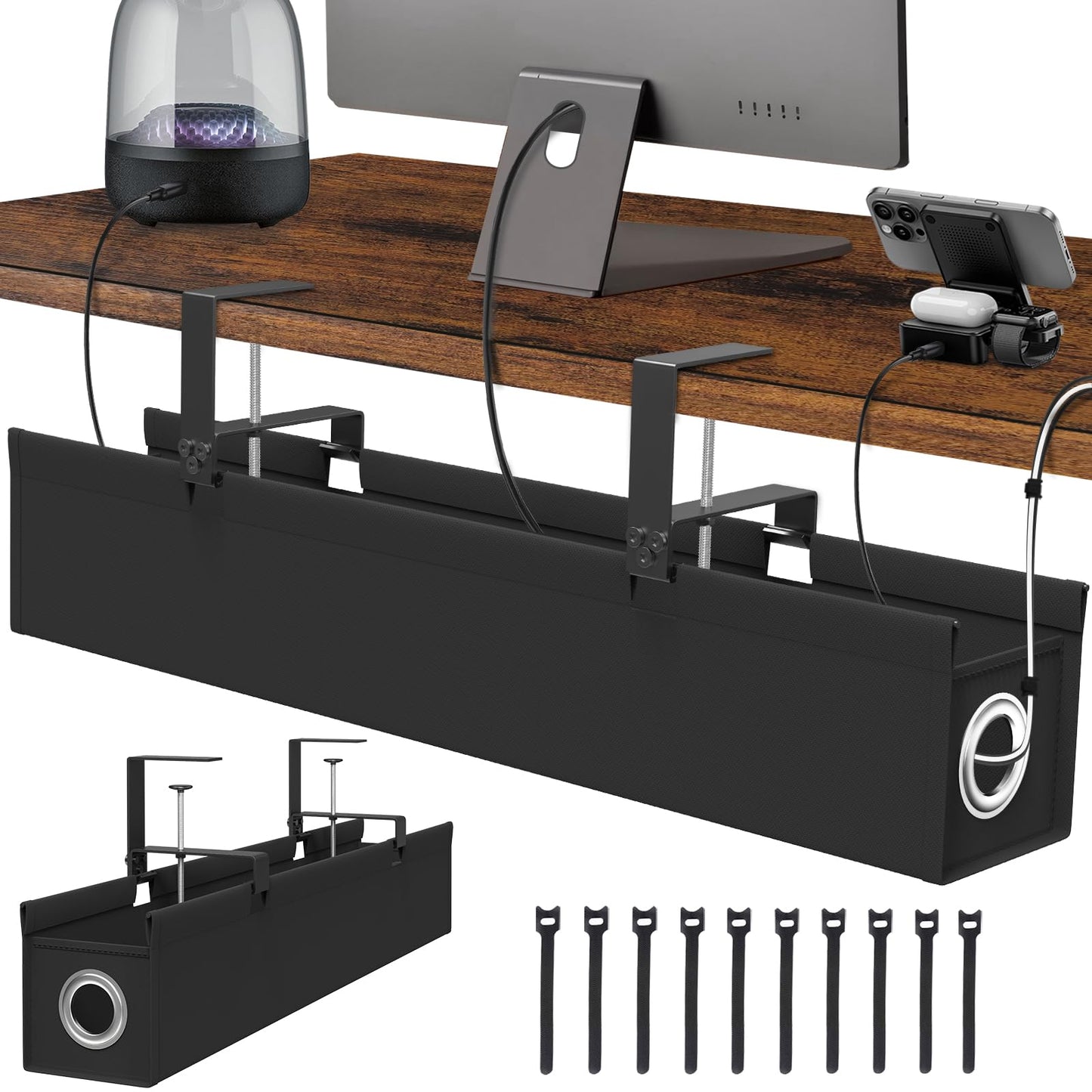 Large Under Desk Cable Management Tray No Drill, Suolaao 30" Cord Organizer with Oxford Fabric, Clamp Mount, Holds 30 lbs, Large Cable Rack for Gaming & Home Office Standing Desk