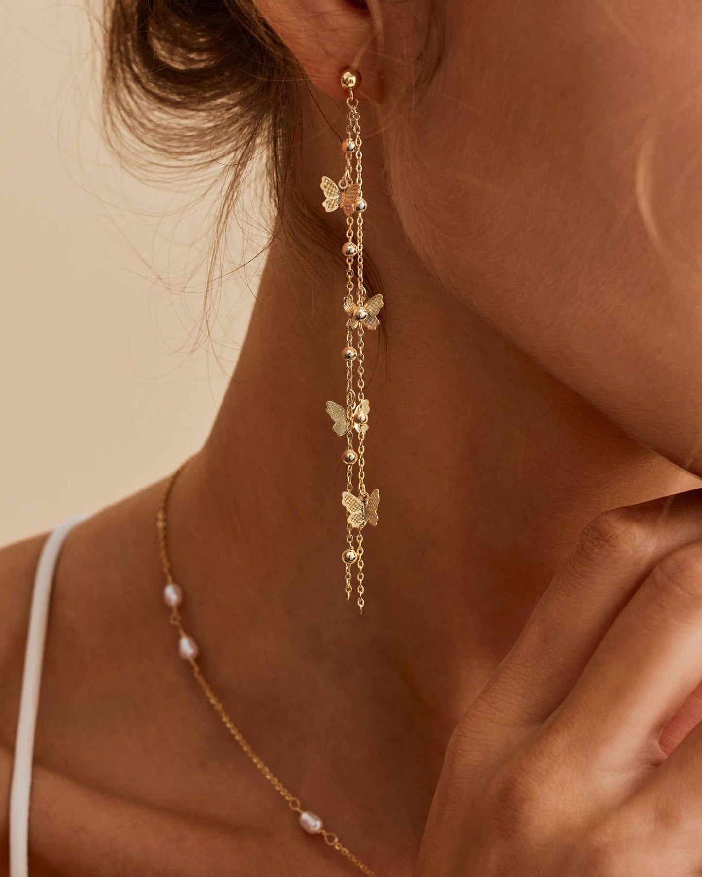 PRTGL Dangle Earrings - 14K Gold Plated Butterfly Long Dangle Earrings for Women Tassel Design