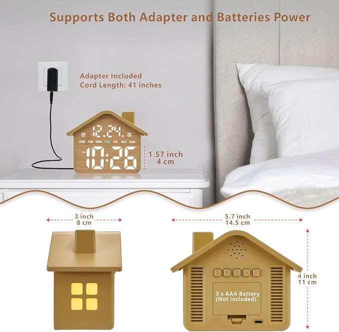 Plumeet Wooden Digital Alarm Clock, Bedroom Clock with Large Numbers, Date, Week, Dual Alarms, Dimmer and Ambient Light, House-Shaped Electric Bedside Desk Clock, Adapter Batteries Powered
