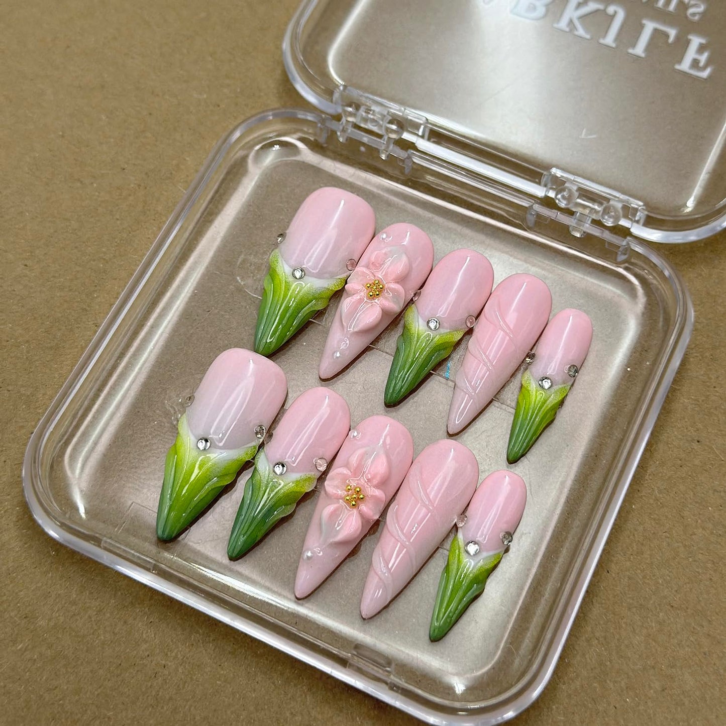 Luxury Press on Nails Long Stiletto Handmade Unique Reusable ABS Material Fake Nails Green French Tip False Nails with Designs 3D Flower Art Petal Glossy Glue on Nails Thick Acrylic Nails(S)