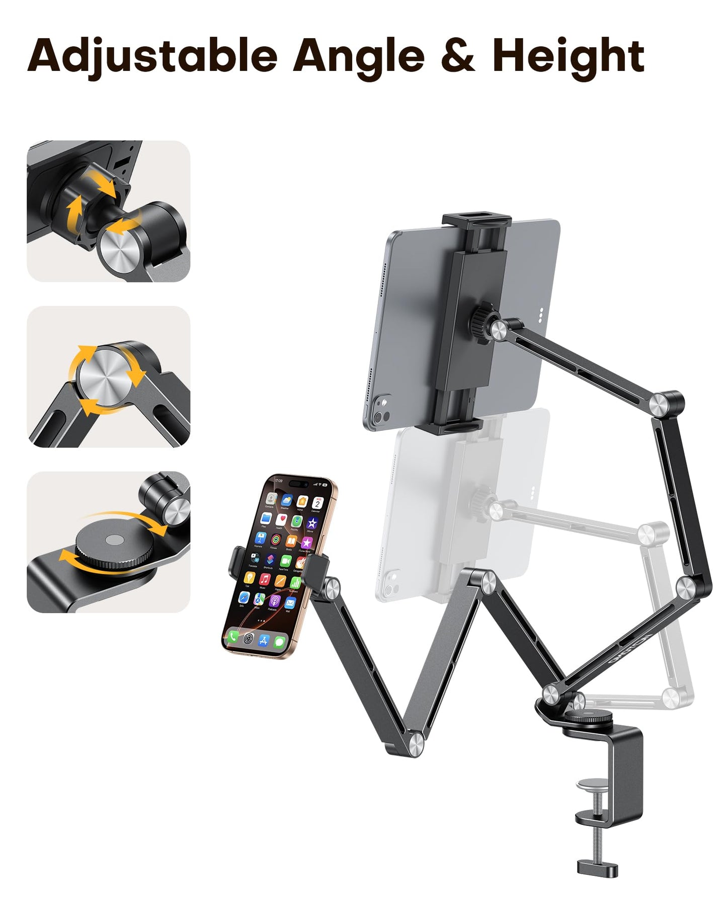OMOTON Adjustable Tablet Stand for iPad, Desk Phone Holder for Bed with 2 Clamps, Flexible Aluminum Alloy Mount with 360° Rotation for 4-13" Devices (Black)
