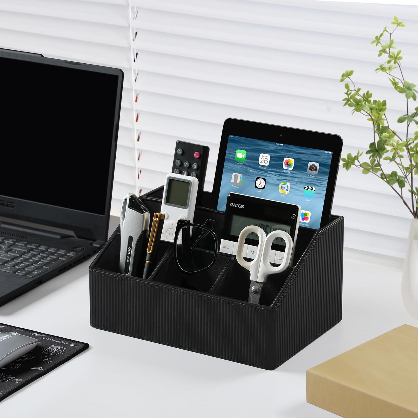 Cretkhp Remote Control Holder with 5 Compartments for Office Art Supplies, PU Leather Nightstand Organizer Pencil Pen Desk Caddy for Home, Desktop TV Remote Control Organizer Storage (Striped Black)