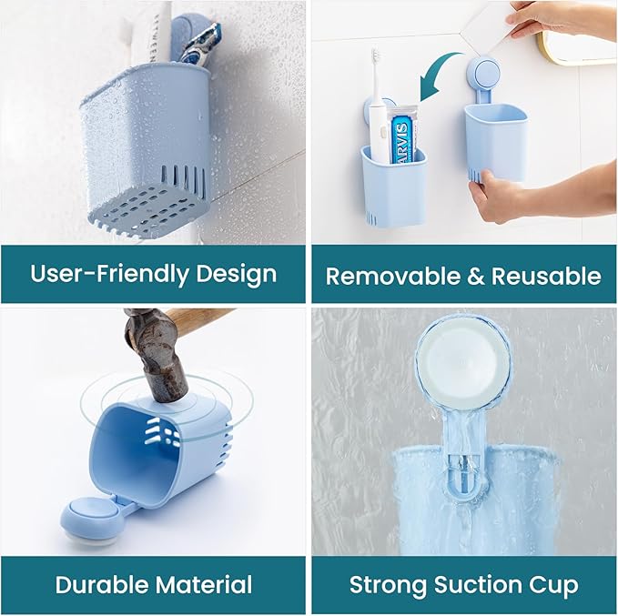 TAILI Suction Toothbrush Holder 2 Pack, Powerful Toothpaste Toothbrush Suction Cup, Self-draining Shower Razor Holder, Shower Toothbrush Holder for Wall, Kitchen Tableware Holder, Blue
