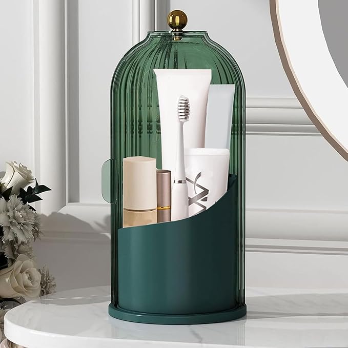 Makeup Brush Organizer Toothbrush Holder with Transparent Door Lid, 360 Rotating Sliding Opening, Door Dustproof&Waterproof for Vanity Bathroom Bedroom (Green)