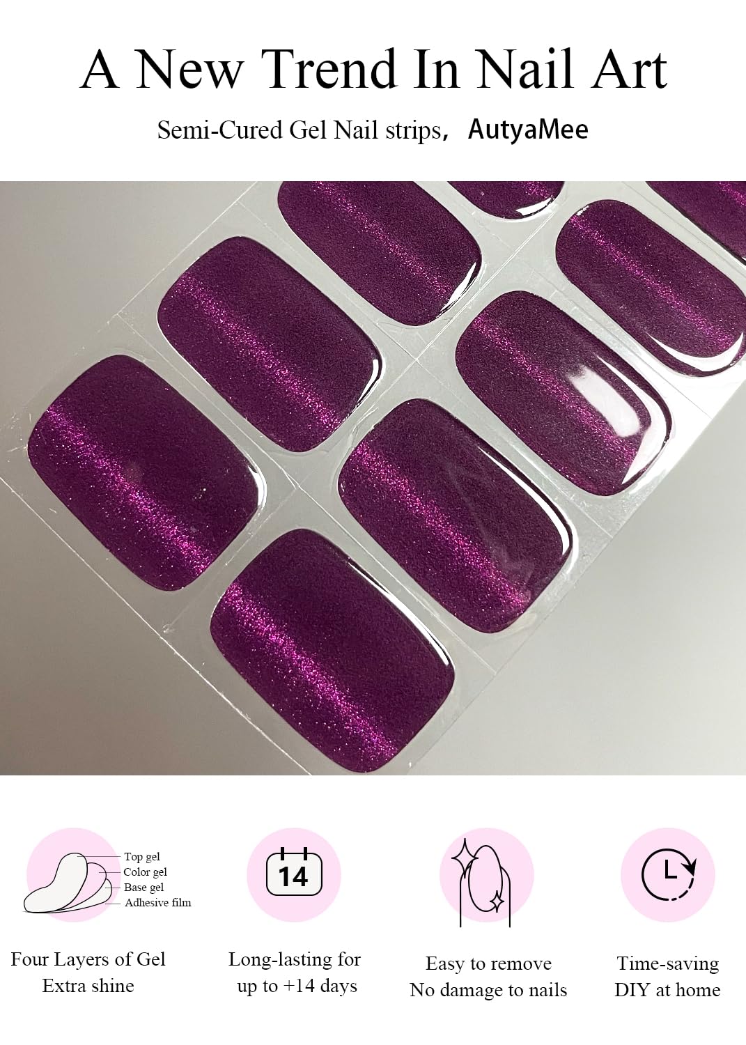 AutyaMee Semi Cured Gel Nail Strips (Deep Plum Cat Eye), Dark Purple, 20 Pcs Gel Nail Wraps, Stickers, UV Light Required, Salon Quality, Long Lasting