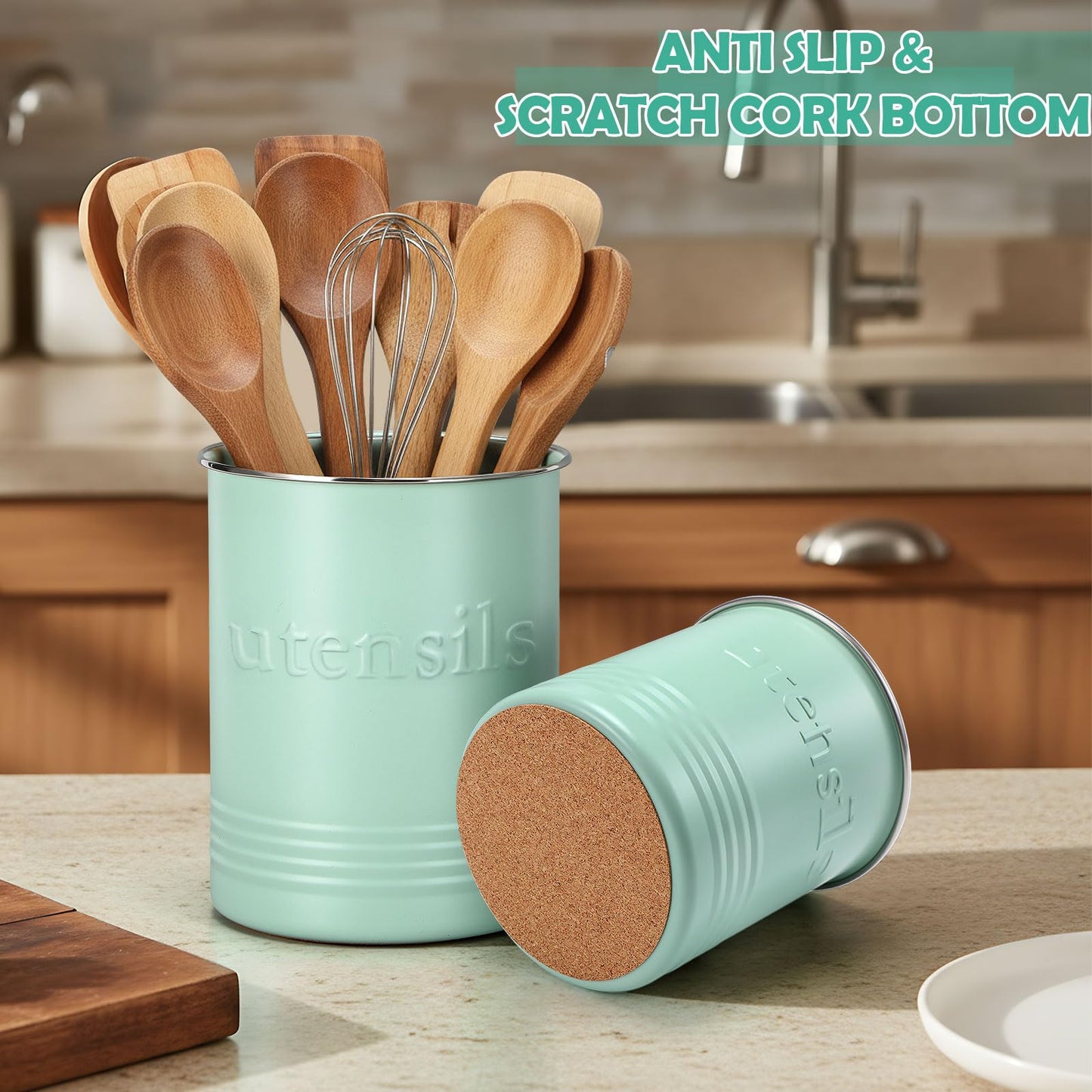 FoldTier 2 Pack Kitchen Utensil Holder for Counter 6.7"+4.7" Farmhouse Cooking Utensil Crock with Cork Bottom Modern Farmhouse Decors Countertop Storage Organizer Caddy Housewarming Gift(Sage Green)