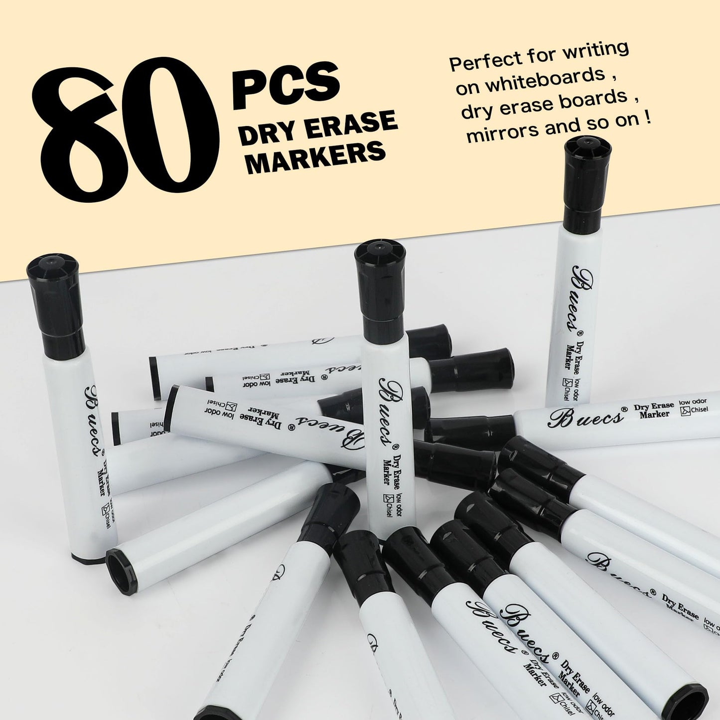 Buecs Black Dry Erase Markers, Low-Odor, 80 Count, Chisel tip, Perfect for Writing on Whiteboards, Dry-Erase Boards, Glass, Office Supplies