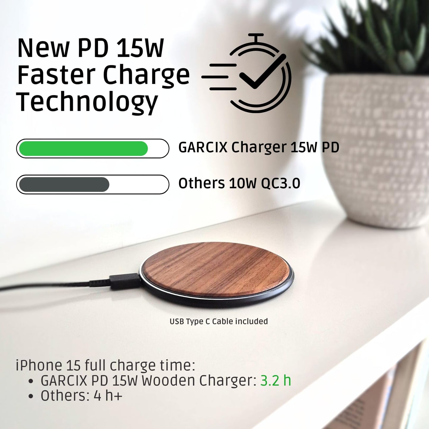 GARCIX 15W Wooden Wireless Charger | Stylish Design Qi Wireless Charger Station | USB Type C Cable | Compatible for iPhone 15 14 13 Pro MAX X Plus, Samsung Galaxy Ultra, Airpods