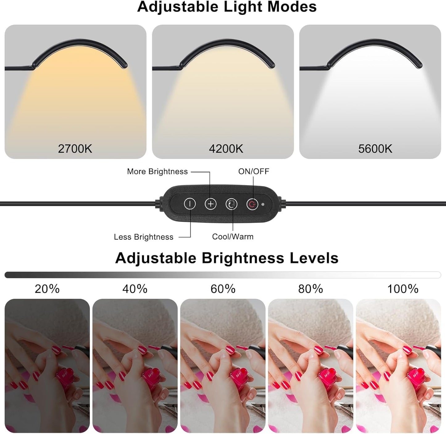 Half Moon Light for Nail Desk - Professional Shadowless LED Manicure Lamp with Clamp, 3 Color Modes & 10 Brightness Levels, Eye-Caring Beauty Lamp for Eyelash Extensions, Tattoo, Estheticians