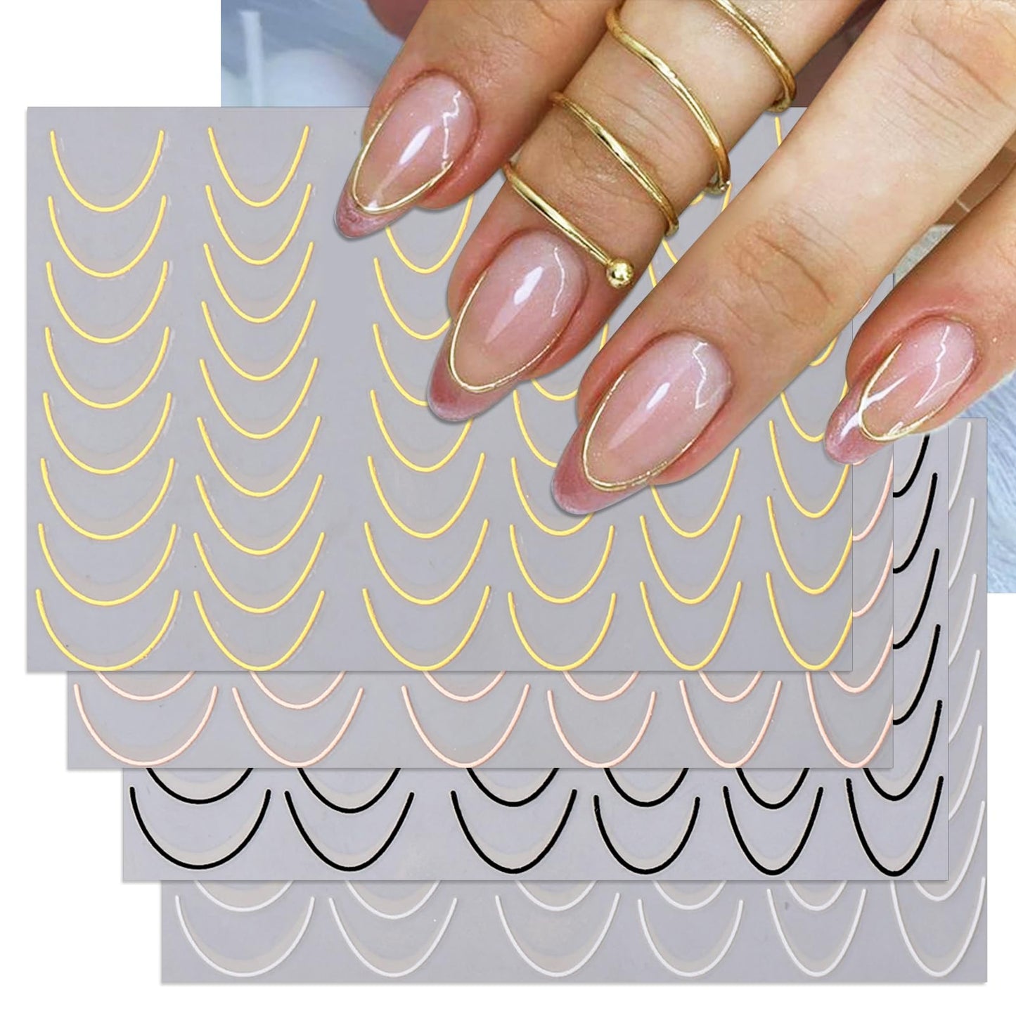IDDFEVE 8 Sheets French Line Nail Art Stickers - 5 Colors Two Thicknesses Self-Adhesive Curved Stripes Nail Decals, French Tips Guides for DIY Manicure