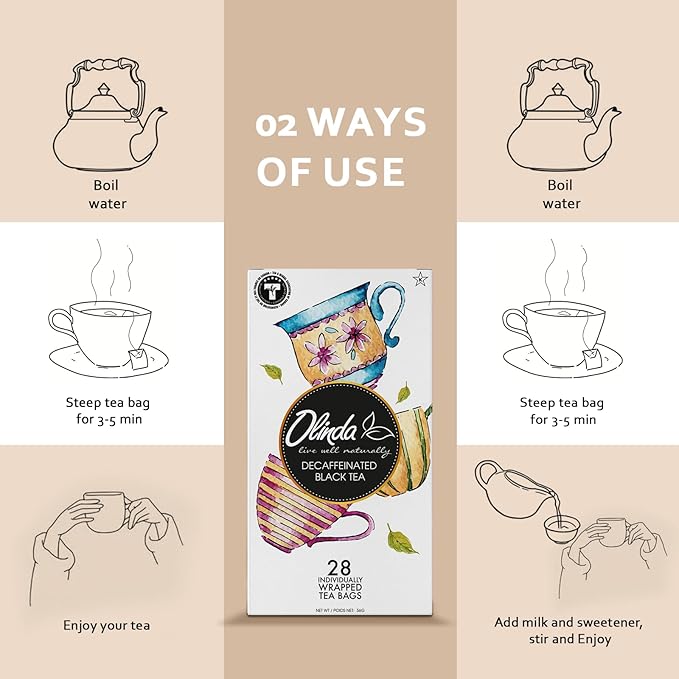 Olinda Organic Decaffeinated Black Tea 28 Individually Wrapped Tea Bags Gluten-Free Vegan Breakfast Black Tea Smooth & Antioxidant Rich Decaf
