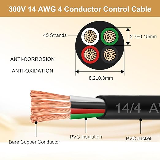 MOOKEERF 14/4 AWG Mini-Split Cable - 10FT 14 AWG 4 Conductor Control Cable 300V Stranded Oxygen-Free Pure Copper Wire for Mini Split Air Conditioner,Heat Pump,HVAC Systems and Speaker Systems