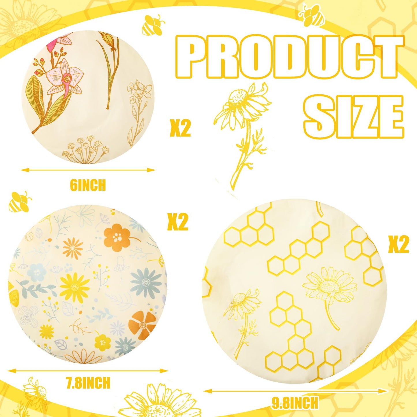 Yiyiring 6 Pcs Reusable Beeswax Bowl Covers for Bread Proofing 6/8/10 Inch Elastic Cotton Bowl Cover 3 Pattern Cloth Food Wrap Bread Proofing Cap for Mixer Container Baskets