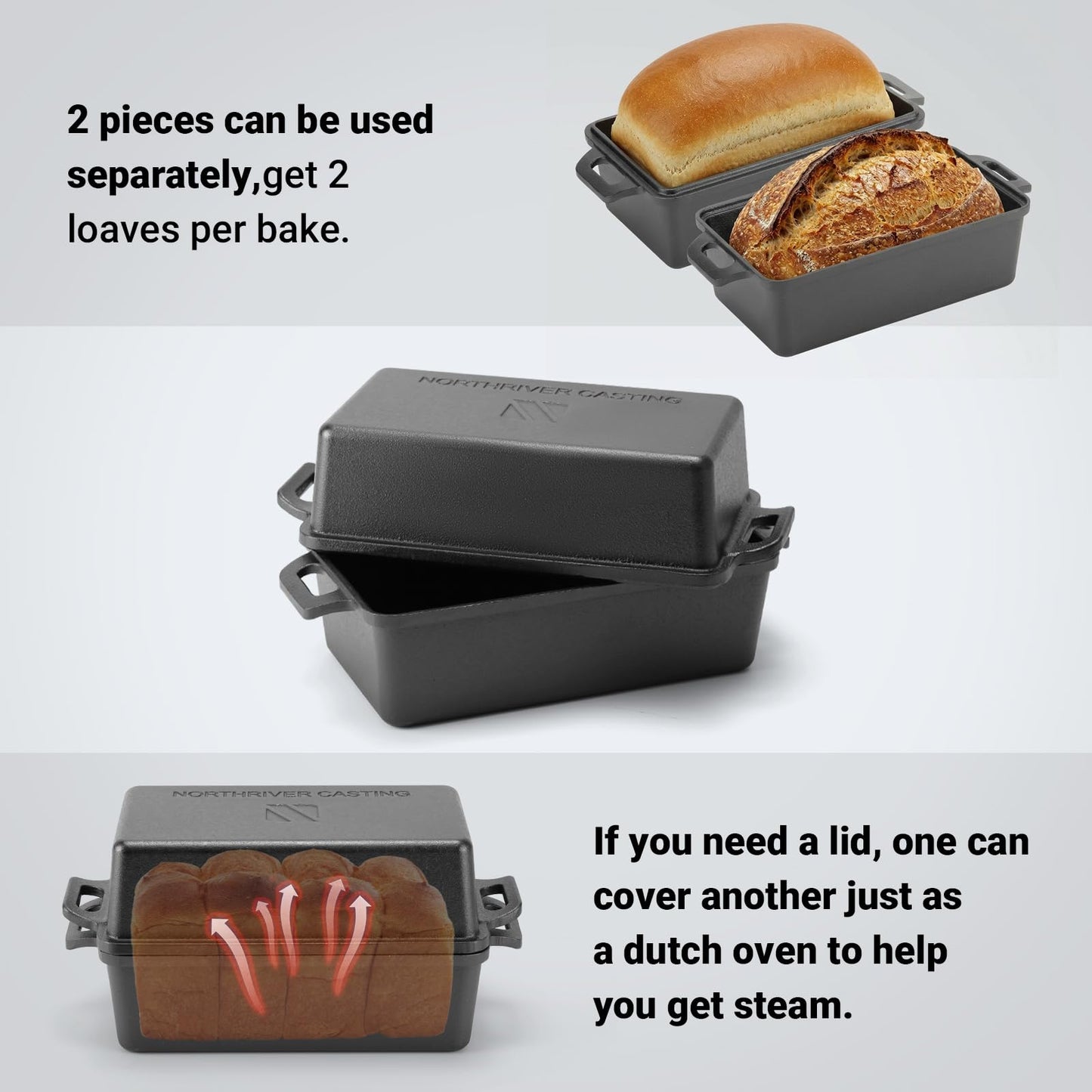 Northriver Casting 9×5 Inch Cast Iron Loaf Pan with Lid | Bread Baking Pan | Even Heat Distribution for Homemade Bread, Cake, and Meatloaf | 2 Piece Set