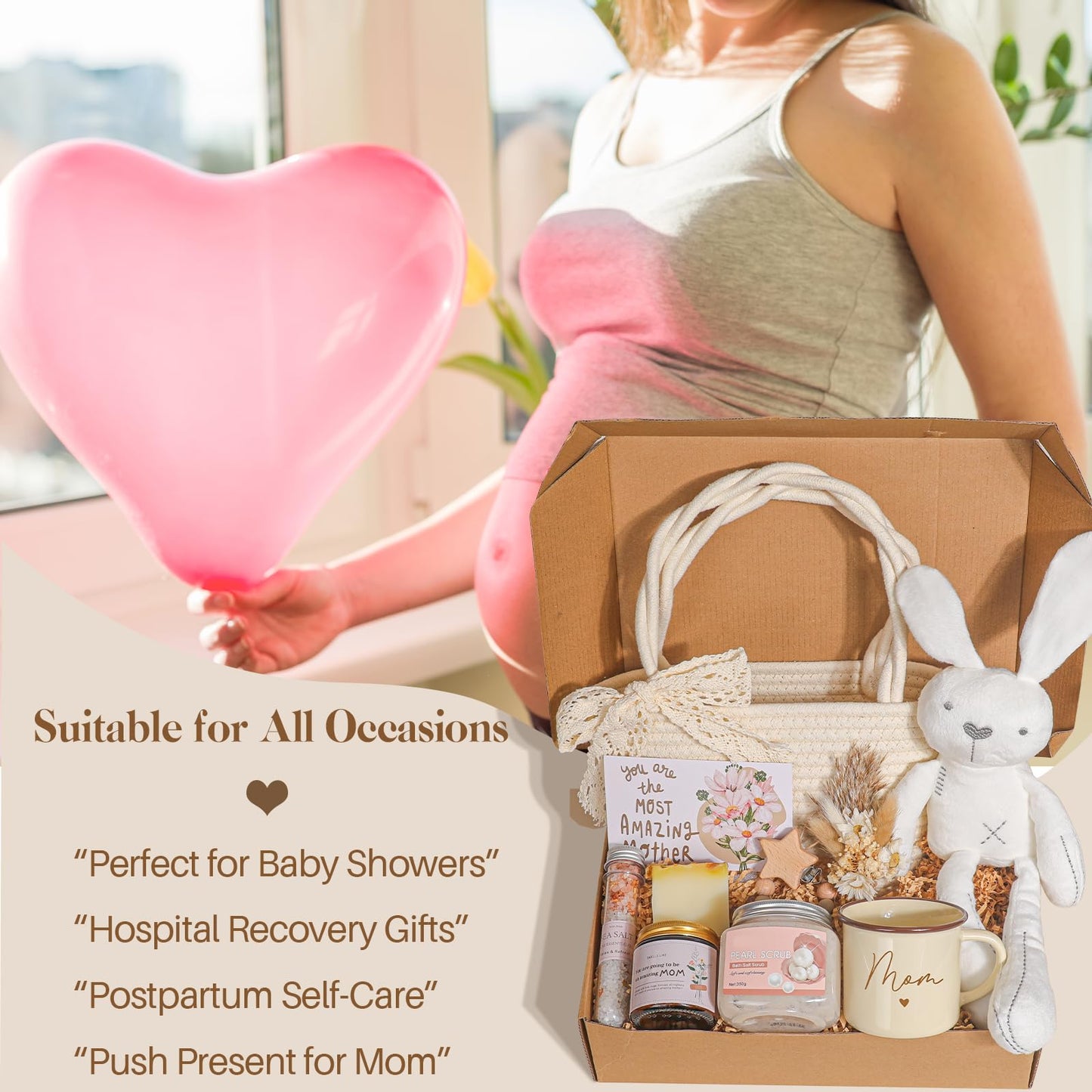 New Mom Gift Basket | New Mom Care Package with Tote Bag, Mug | Spa & Relaxation Set with Rose Bath Salt, Scrub, Handmade Soap & Card – Thoughtful Postpartum Gift for Mommy