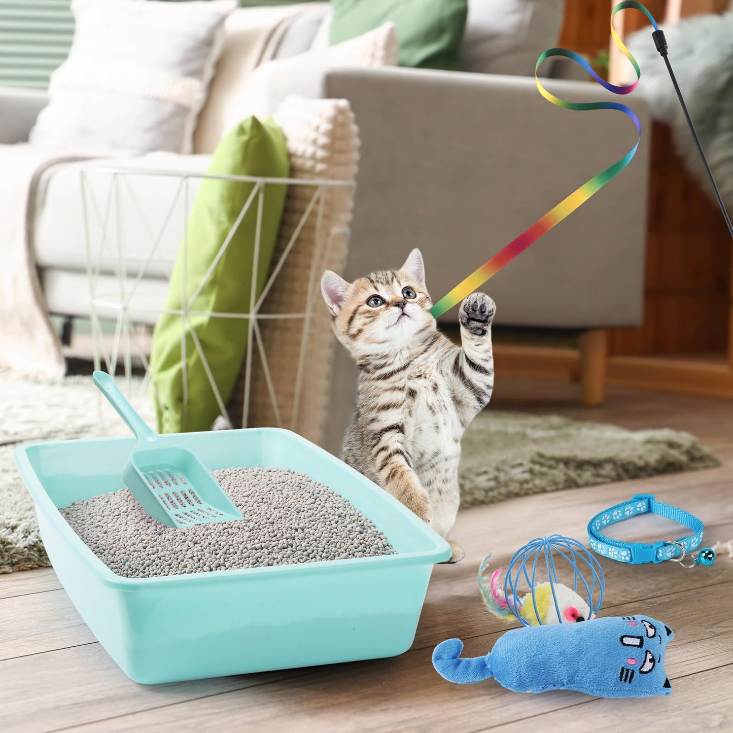 7 Pcs Small Cat Kitten Starter Kit Cat Litter Box with Shovel Paw Litter Mat Double Automatic Kitten Bowls Toy Teaser Stick Collar Essentials Kits for 1-3 Lbs Beginner(Simple,Blue)