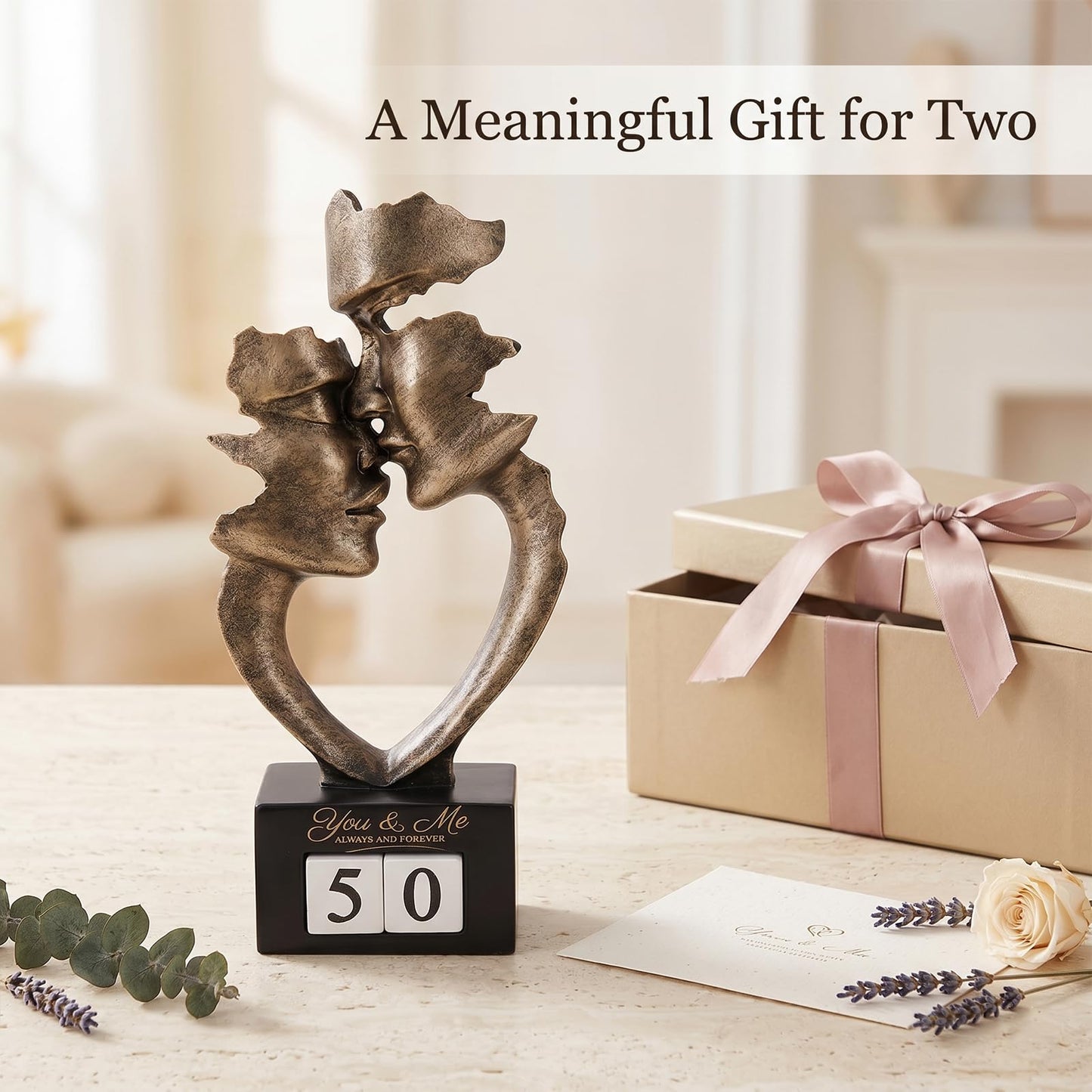 9.84in H Resin Couple Statue with Interchangeable Number Blocks, Antique Bronze Finish Modern Abstract Romantic Couple Figurine for 1st to 50th Wedding, Shelf Bookshelf Bedroom Decor