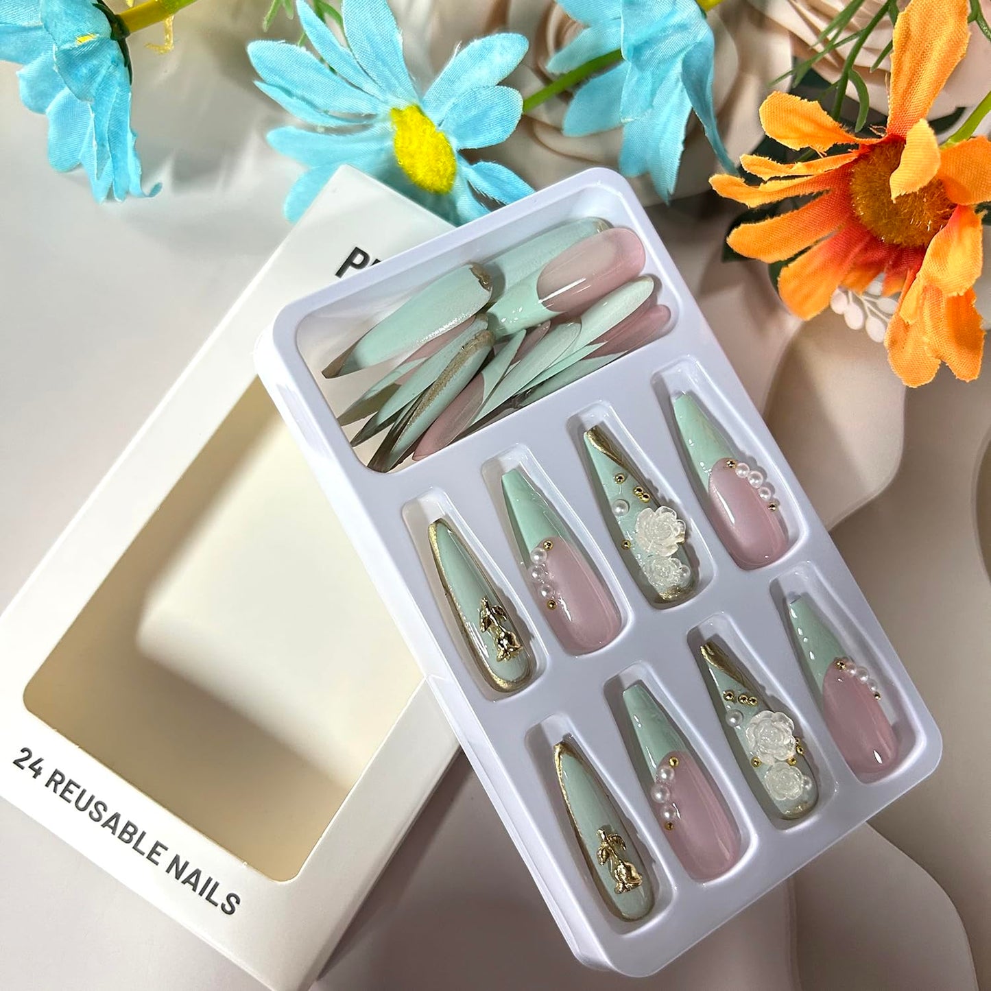 CJDLTS 24Pcs Green French Tip Press on Nails Long Length Gold Rose Flower and Pearl Design 3D Acrylic False Nail Full Cover Artificial Stick on Nails Almond Saped Press Ons Glue on Nails for Women