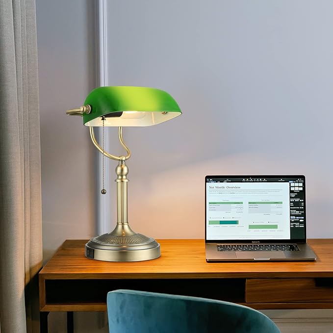 Newrays Green Glass Bankers Desk Lamp with Pull Chain Switch Plug in Fixture,USB Fast Charging Port