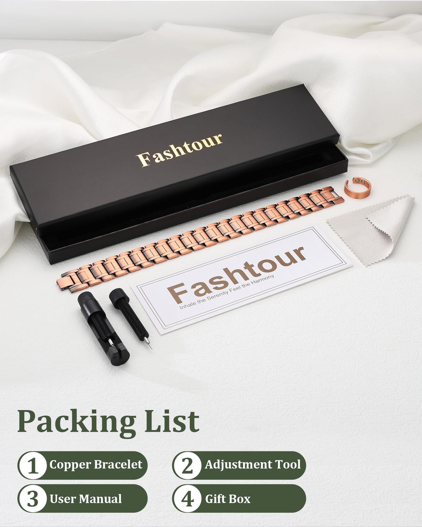 Fashtour 3X Copper Bracelet for Men, Triple Ultra Strength Magnets, Pure Copper Magnetic Bracelet and Ring Set, Adjustable Length with Sizing Tool(Copper)