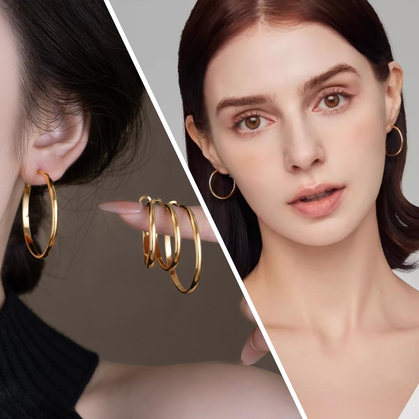 PICKBEAU Chunky Gold Hoop Earrings for Women | 14K Plated Hypoallergenic 4mm Wide & Thin Big Round Circle Hoops Stainless Steel Womens Loop Dangle Earrings Set (30/40mm)