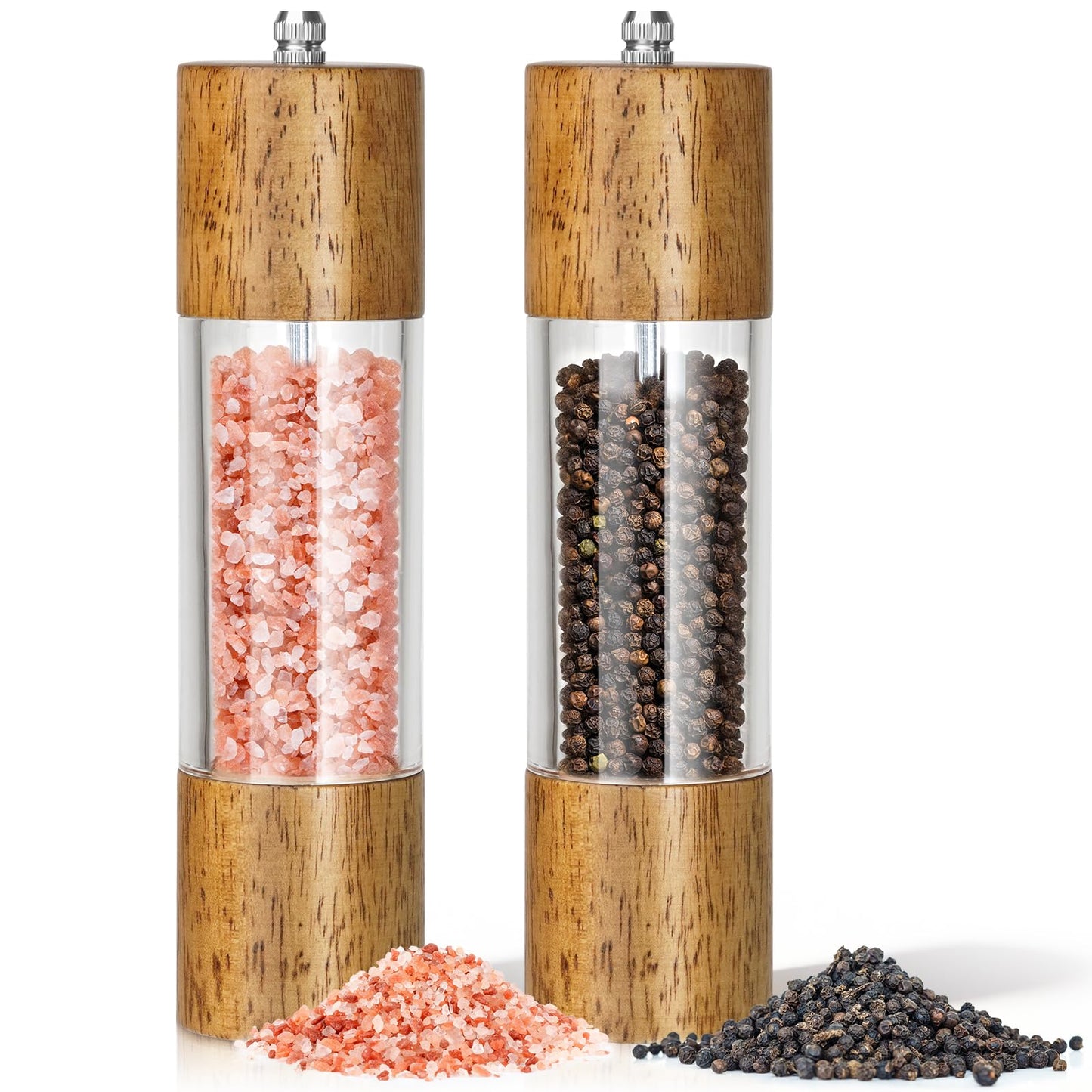 JTGILKFR 2-Pack Wooden Salt and Pepper Grinder Set - 8 Inch Manual Adjustable Ceramic Grinding, Refillable Acrylic Salt and Pepper Grinder Set, Custom Coarse to Fine Settings, for Home Dining & Gifts