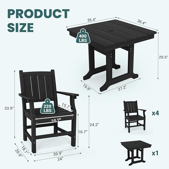 Pamapic 5 PCS Outdoor Dining Set, Spacious HDPE Outdoor Table and Chairs, Wood Grain Patio Furniture Sets with Elegant Armrest, All-Weather Patio Dining Table with Umbrella Hole, Black